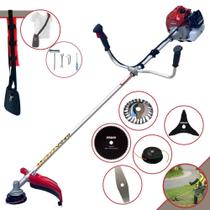 Roçadeira Multifunções À Gasolina Kawashima BCJ521L 2T 52cc 2,5HP Alta Rotação e Potência Com Carretel de Nylon e Lâmina Facão + Kit Extra Lâmina 3 Pontas, Lâmina 80 Dentes e Escova de Aço Circular