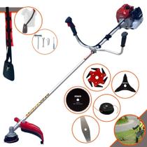 Roçadeira Podador de Grama Kawashima BCJ431L À Gasolina Motor 2 Tempos 43cc 1,7HP Alta Rotação Completa Com Carretel Nylon e Lâmina 2 Pontas + Kit Lâmina 3 Pontas, Lâmina 6 Pontas e Lâmina 80 Dentes