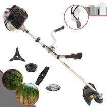 Roçadeira Podador de Grama Kawashima KW52LE À Gasolina 2 Tempos 52cc 2,5HP 10.000rpm Profissional Multifunções Com Carretel de Nylon + Lâmina Facão + Lâmina 3 Pontas + Escova de Aço Rotativa 38 Cerdas