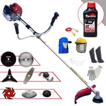 Roçadeira Robusta Kawashima BCJ431-L 1,7HP À Gasolina 43cc Alta Rotação Com Carretel e Lâmina Facão + Facas 3 Pontas, 6 Pontas, 40 Dentes de Vídea, 80 Dentes e Trimmer + Escova + EPI + ÓLEO TOYAMA 2T