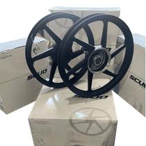 Roda liga leve par scud 6 pontas preto fosco titan 125 fan 125 2009(e/d) freio disco (+ bucha espac + 2 rolam + 2 retent