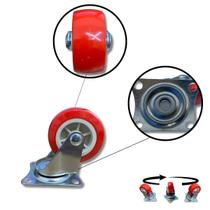 Rodízio Rodinha Giratório Placa Base Aço Roda PP Vermelho Diâmetro 75mm 3" Altura 90mm