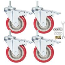 Rodízios de haste giratória, rodízios pesados de travamento duplo com rodas de PU vermelhas silenciosos e sem marcação com hastes de rosca métrica M10-1,5 x 25 mm Capacidade de carga de 800-1000 libras Pacote com 4 (4 polegadas)