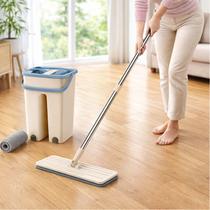 Rodo Mágico Mop Flat com Balde Duplo Lava e Seca Esfregão Microfibra Cabo Inox Extensível Limpeza de Piso Rodo Mágico Mop Flat com Balde Duplo Lava e Seca Esfregão Microfibra Cabo Inox Extensível Limpeza de Piso