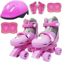 Roller Patins Infantil Menino Menina 4 Rodas + Kit Proteção Rosa Tamanho 31 a 34