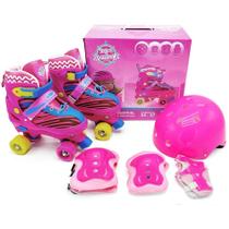 Roller Patins Infantil Rosa Quad 4 Rodas Rosa + Kit Proteção - Uni-art Import Ltda