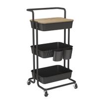 Rolling Cart DTK 3 Tier Utility com placa de cobertura de 200 libras preta