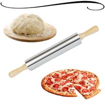 Rolo de Pizza Abrir Massas Macarrão Pastel Aço Inox e Madeira Antiaderente Pão Confeitaria Doces Profissional