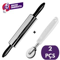 Rolo Para Abrir Massa Inox E Cabo Colorido E Carretilha Corta e Fecha Massa Pastel Folhado Pizza Pão