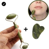 Rolo Pedra De Jade + Placa Gua Sha Massagem Facial Anti Ruga