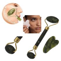 Rolo Pedra Massagem De Jade +Placa Gua Sha Facial Anti Rugas