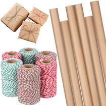 Rolos de papel de embrulho Kraft de Natal e fita de cordão