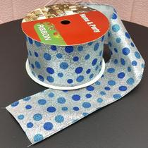 Rolos Fita Aramada Natalina Bolinhas Azul 6,3cm 9m Kit 5pçs