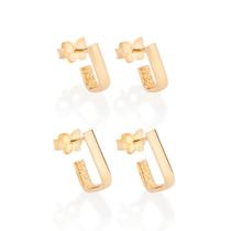 Rommanel 527241 Kit Argolas Retangular Primeiro Segundo Furo Banhadas A Ouro 18k Presente Feminino