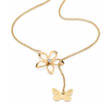 Rommanel 531162 Cordão Banhado A Ouro Feminino Gravata Com Pingente Flor E Borboleta