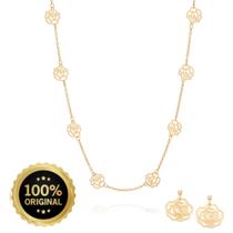 Rommanel Presente Feminino Colar + Brincos Rosas Vazadas Banhada Ouro 18k