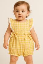 Romper Bebê Menina Xadrez Amarelo Floral Algodão Papilloo