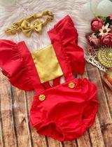 Romper Vermelho com Dourado para Bebê - Tamanho 4 a 12 meses Romper Vermelho com Dourado para Bebê - Tamanho 4 a 12 meses