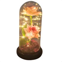 Rosa Dupla em Cupula Flor Redoma c/ Led Domo Bela e a Fera G