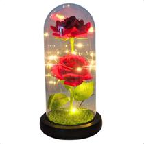Rosa Dupla em Cupula Flor Redoma c/ Led Domo Bela e a Fera G