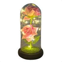 Rosa Dupla em Cupula Flor Redoma c/ Led Domo Bela e a Fera G