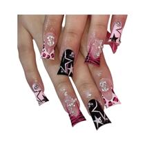 Rosa Rosa Leopardo Estrela Impressa Caixão Longo Imprensa Em Unhas Estilo Francês Y2k Preto Unhas