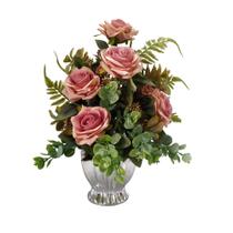 Rosas Outonadas Artificial Arranjo De Flores Vaso Prata Decoração Frontal - Studio11Flores