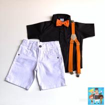 Roupa Aniversário Menino Fantasia Mundo Bita Verão com o kit suspensório e gravata laranja