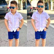 Roupa Aniversário Menino Infantil Camisa Manga Curta Branco Bermuda Color Azul Royal