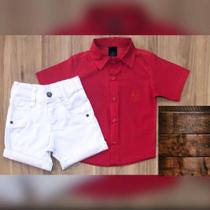 Roupa Aniversário Menino Infantil Camisa Manga Curta Vermelho Bermuda Color Branco