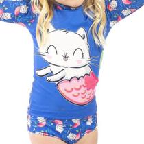 Roupa Biquíni Praia Infantil Conjunto Blusa Manga Longa e Calcinha Gato Sereia Fundo Azul Tubekids Roupa Biquíni Praia Infantil Conjunto Blusa Manga Longa e Calcinha Gato Sereia Fundo Azul Tubekids