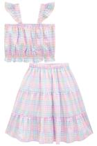 Roupa Conjunto Infantil Menina Colorido Top Cropped + Saia Midi Light Peach Moda Verão Kukiê