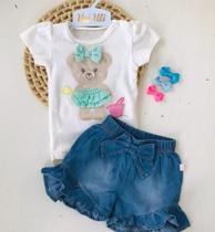 Roupa Conjunto Infantil Upi Uli Body + Short Jeans Estampa Ursinha Manga Curta Dias Quentes