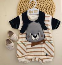 Roupa Conjunto Macaquinho Mangas Curtas Infantil C/ Babador Estampa Cachorrinho Verão Upi Uli