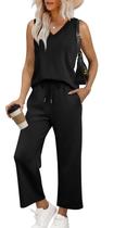 Roupa coordenada: WIHOLL, decote em V, perna larga, duas peças, preta, S