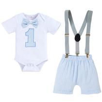 Roupa de aniversário GRNSHTS Baby Boy 1st Romper Suspensórios azuis