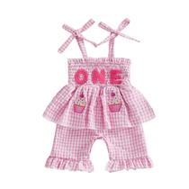 Roupa de aniversário Socutebabe Smocked One Two Gingham Romper Girl Roupa de aniversário Socutebabe Smocked One Two Gingham Romper Girl