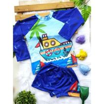 Roupa de banho bebê praia conjunto proteção UV 50 SUNGA BOXER +blusa menino