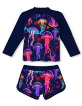 Roupa de banho de medusa roxa escura de manga comprida para meninas, roupa de banho de duas peças, 7-8 O, protetor de erupções cutâneas, roupas de banho com proteção solar UPF 50+ para surfar na praia 7t 8t