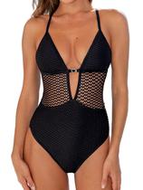 Roupa de banho de uma peça CUPSHE com recortes de pescoço profundo, preta, GG, feminina Roupa de banho de uma peça CUPSHE com recortes de pescoço profundo, preta, GG, feminina