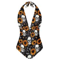 Roupa de banho ELEDIZI Goth Skull Sunflower, 1 peça feminina, tamanho GG
