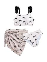 Roupa de banho feminina BEAUDRM de 3 peças listrada com estampa de laço 8-12Y Roupa de banho feminina BEAUDRM de 3 peças listrada com estampa de laço 8-12Y