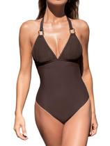 Roupa de banho feminina CUPSHE de peça única com decote em V, alças individuais ajustáveis, roupa de banho com gravata automática, texturizada sem enc Roupa de banho feminina CUPSHE de peça única com decote em V, alças individuais ajustáveis, roupa de banho com gravata automática, texturizada sem enc