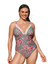 Roupa de banho feminina CUPSHE plus size, peça única, renda, decote em V, franzido, frontal, controle de barriga com alças largas ajustáveis, 1 x Roupa de banho feminina CUPSHE plus size, peça única, renda, decote em V, franzido, frontal, controle de barriga com alças largas ajustáveis, 1 x
