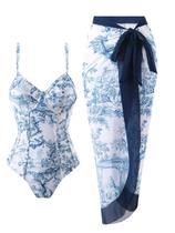 Roupa de banho feminina de uma peça com capa de praia, roupa de banho retrô com estampa floral e conjunto de capa, roupa de banho com envoltório de sarongue, conjunto de roupa de banho de 1 peça com saia combinando, azul, floral, GG