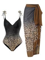 Roupa de banho feminina de uma peça com capa de sarongue, roupas de banho para mulheres, roupas de banho modestas com capa, trajes de banho retrô, emagrecedores, roupas de banho de duas peças, gradiente, leopardo, grande