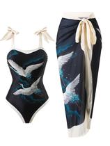 Roupa de banho feminina de uma peça com capa, roupas de banho modestas com capa, roupas de banho com envoltório de sarongue para mulheres, roupas de banho para emagrecer, retrô, florais, roupas de banho de duas peças, preto, guindaste médio