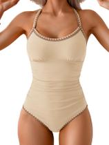 Roupa de banho feminina feminina com controle de barriga franzido, bege