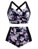 Roupa de banho feminina Hanna Nikole, flor roxa de cintura alta Roupa de banho feminina Hanna Nikole, flor roxa de cintura alta