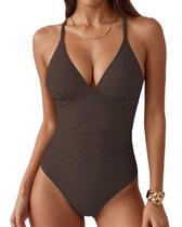 Roupa de banho feminina VividHarbor com decote em V, controle de barriga, marrom XS-2XL Roupa de banho feminina VividHarbor com decote em V, controle de barriga, marrom XS-2XL